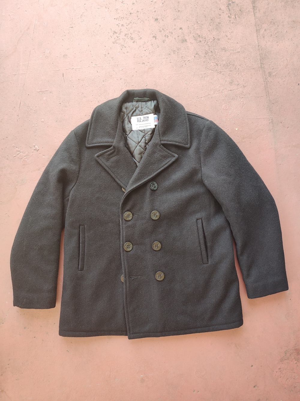 Schott NYC US 740N Wool Pea Coat Navy Jacket Mens 44 Made in USA Quilted Vintage